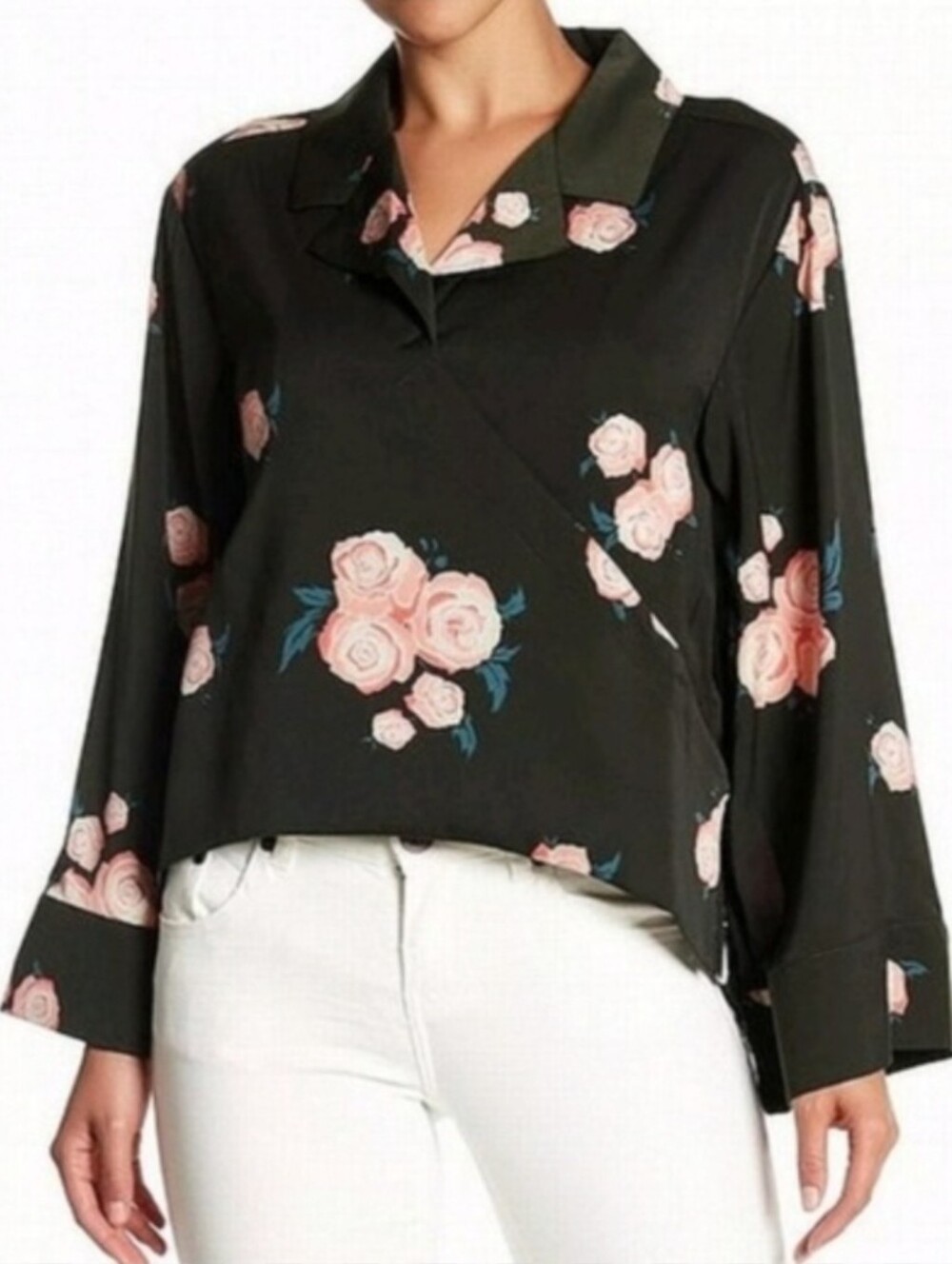One Teaspoon Black with Pink Rose Print Wrap Top Size S